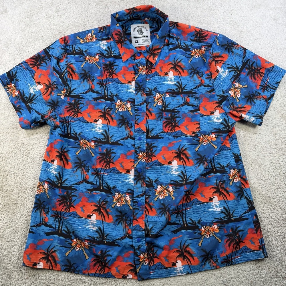 Savage Tacticians Shirt Mens XL Blue Palm Floral Gun Button Performance Stretch